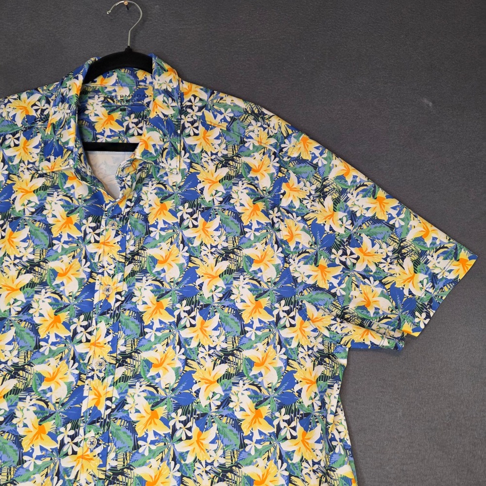 Bermuda Sands Mens Large Floral Button Up Shirt Blue Yellow Tropical Beach Party
